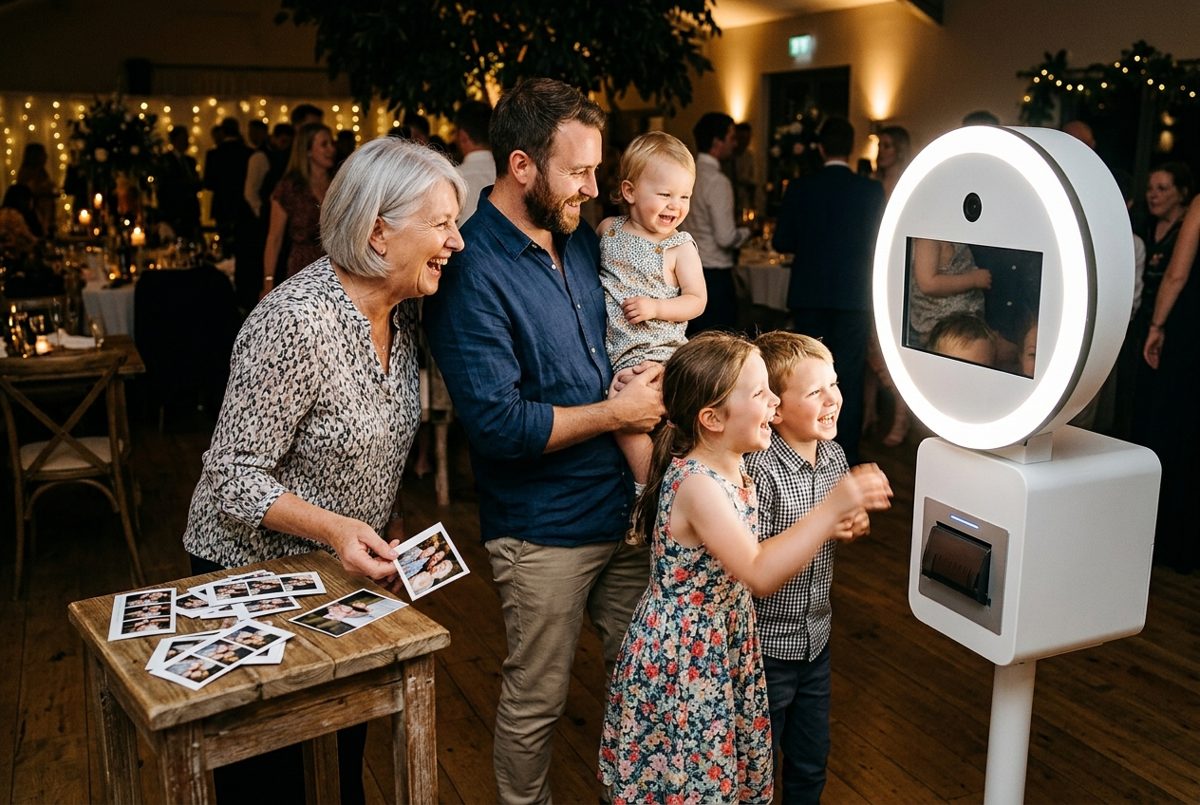 Invités devant un photobooth lors d'une réception de baptême