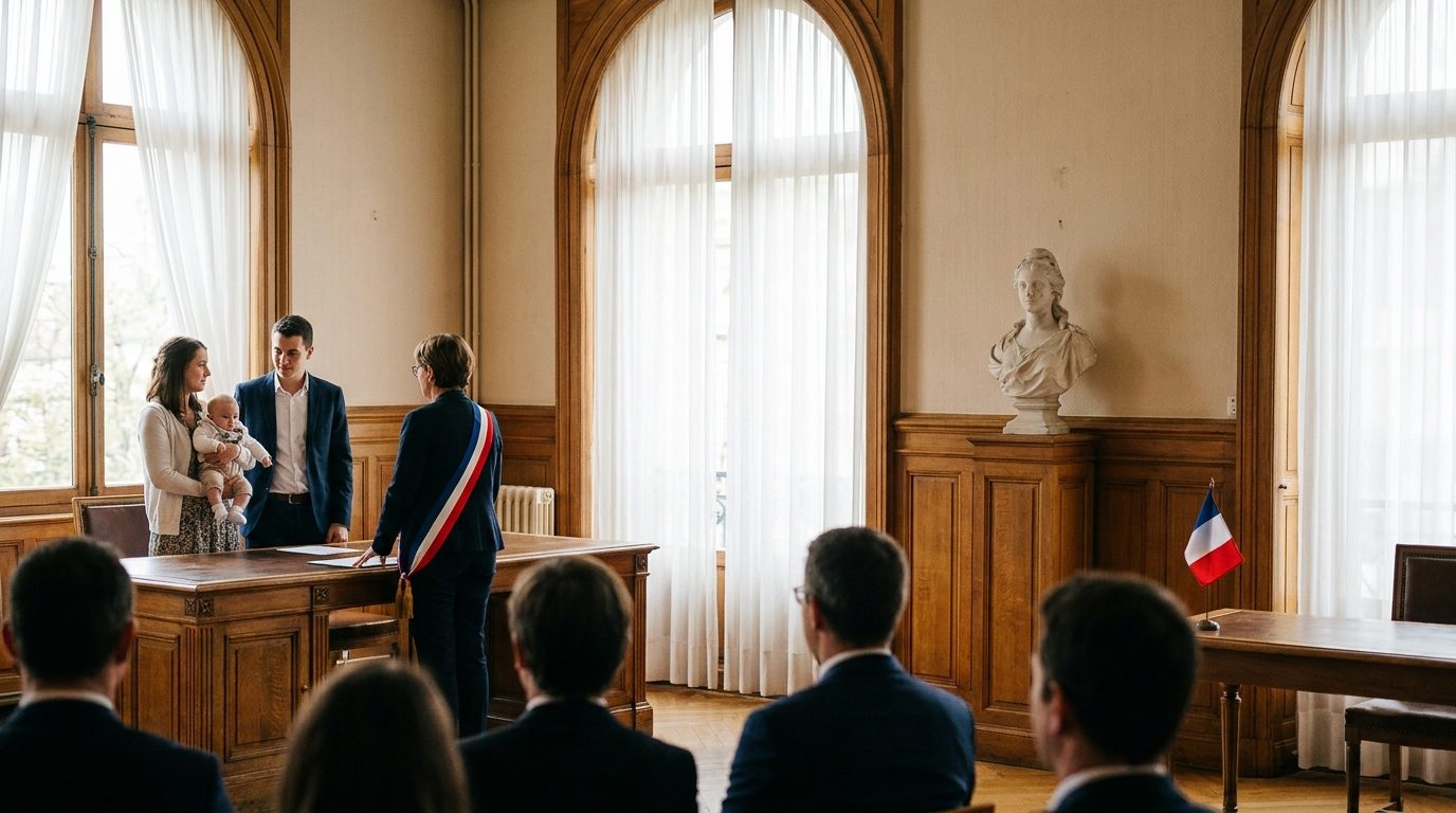 Cérémonie de baptême civil dans la salle des mariages d'une mairie française